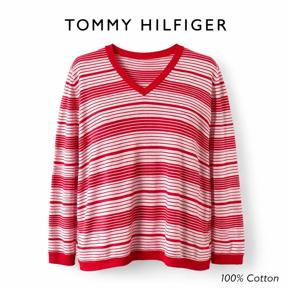 Tommy Hilfiger Red & White Striped V-Neck Sweater 100% Cotton